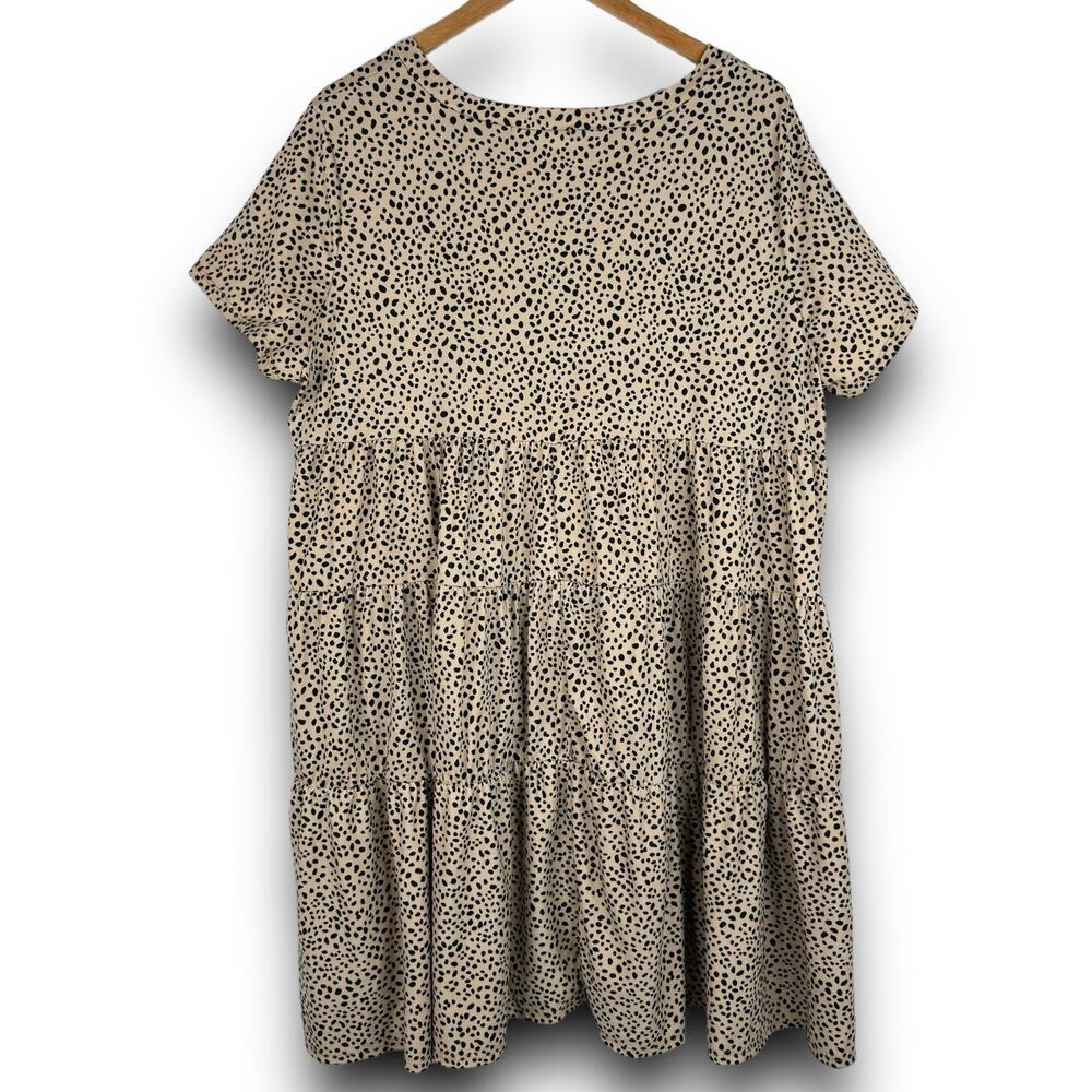 Tiered Ruffle Vneck Dress Pockets Dotted Print Soft Relaxed Tan Beige Black 1X - Picture 5 of 7